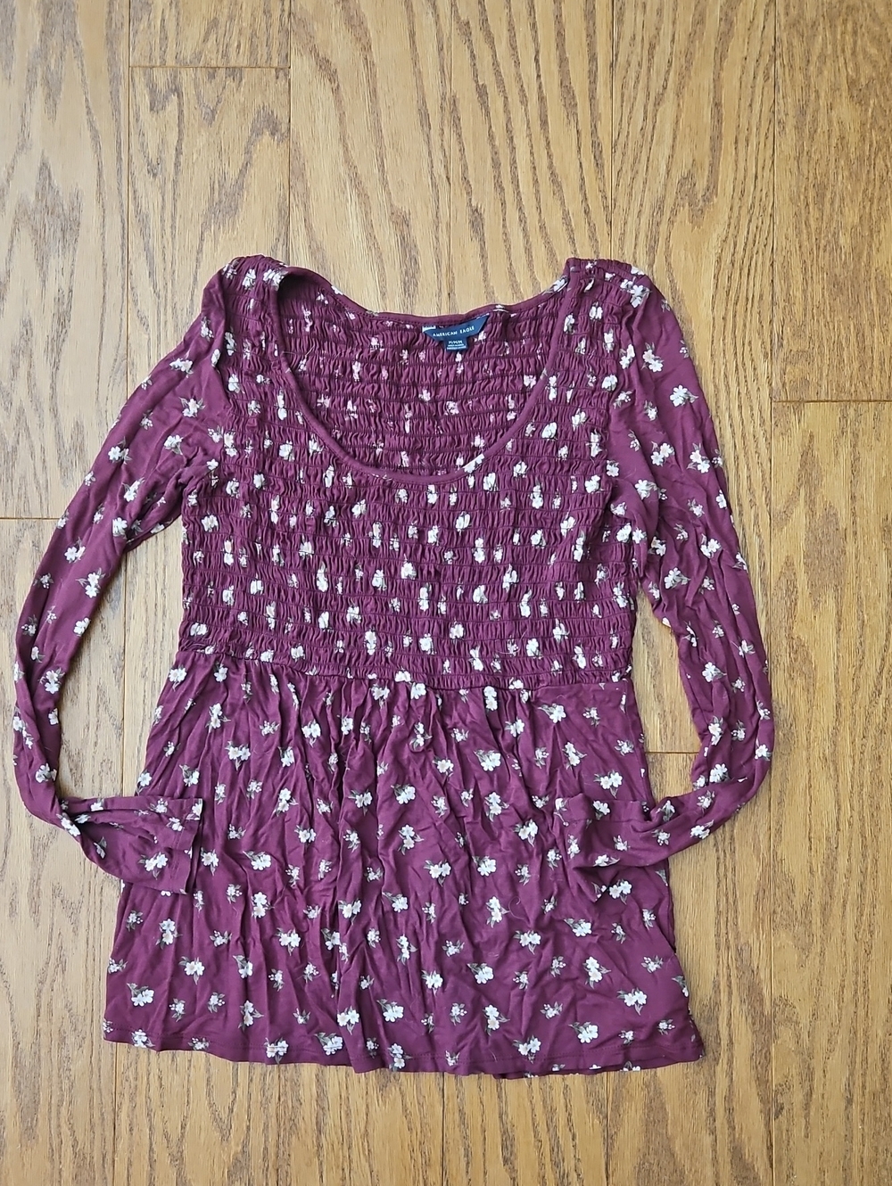 American Eagle Burgundy Floral Smocked Long Sleeve Babydoll Top Medium